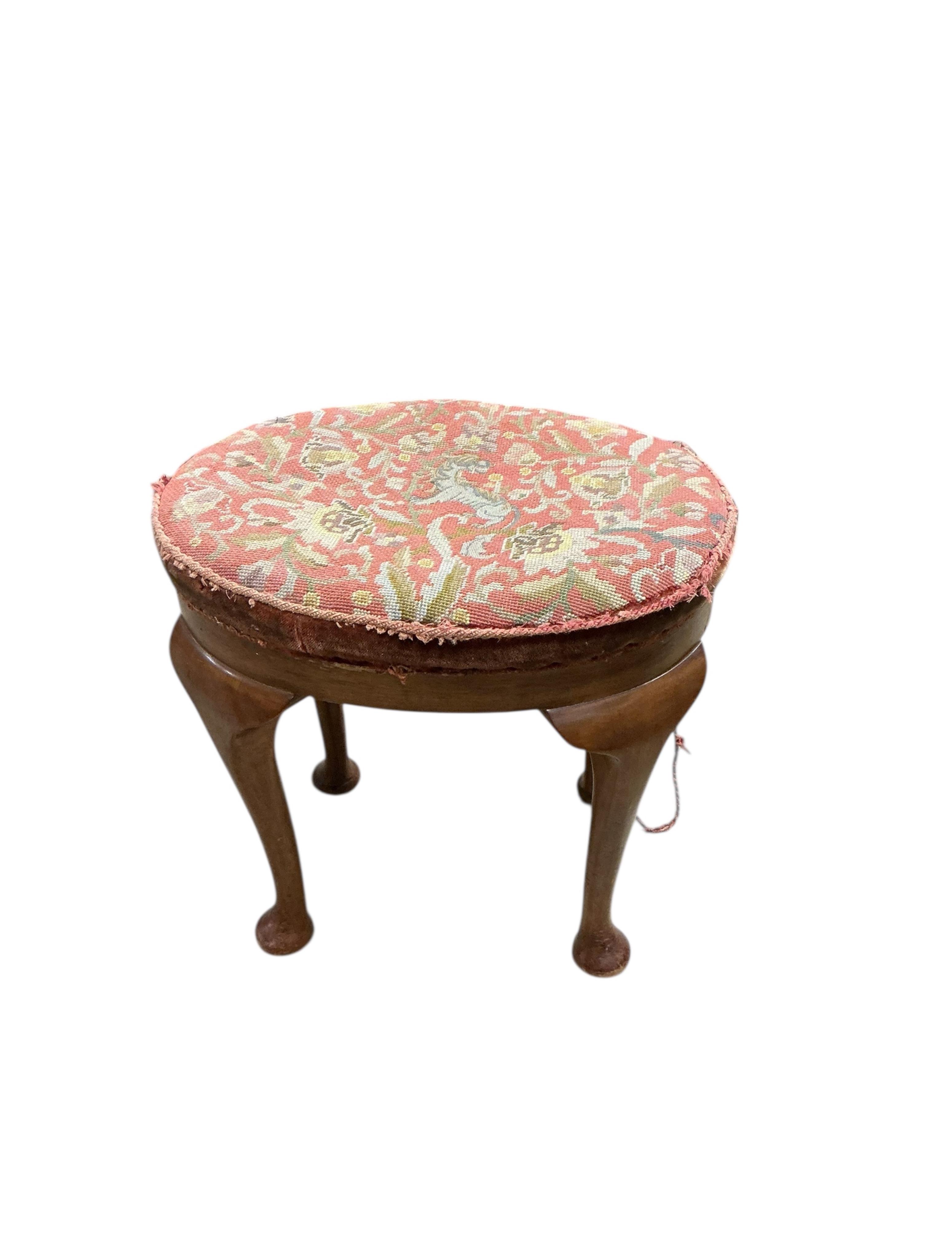 A Queen Anne Revival banded walnut side table, width 90cm, depth 51cm, height 72cm together with a similar stool